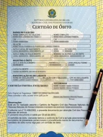 Modelo de certidão de óbito emitida por cartório de Registro Civil